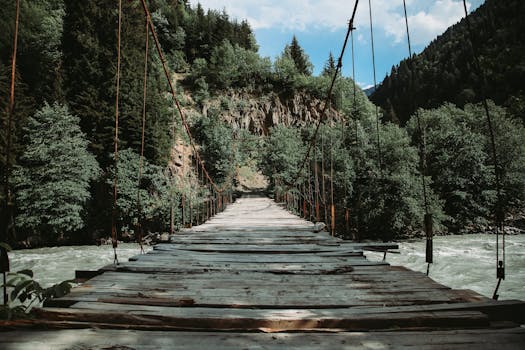 Explore a vintage wooden bridge nestled in lush green forests over a flowing river under a blue sky.